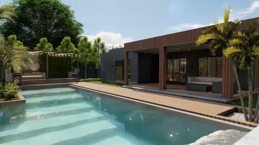 Render de exterior con piscina y terraza de madera — DG Ingeniería