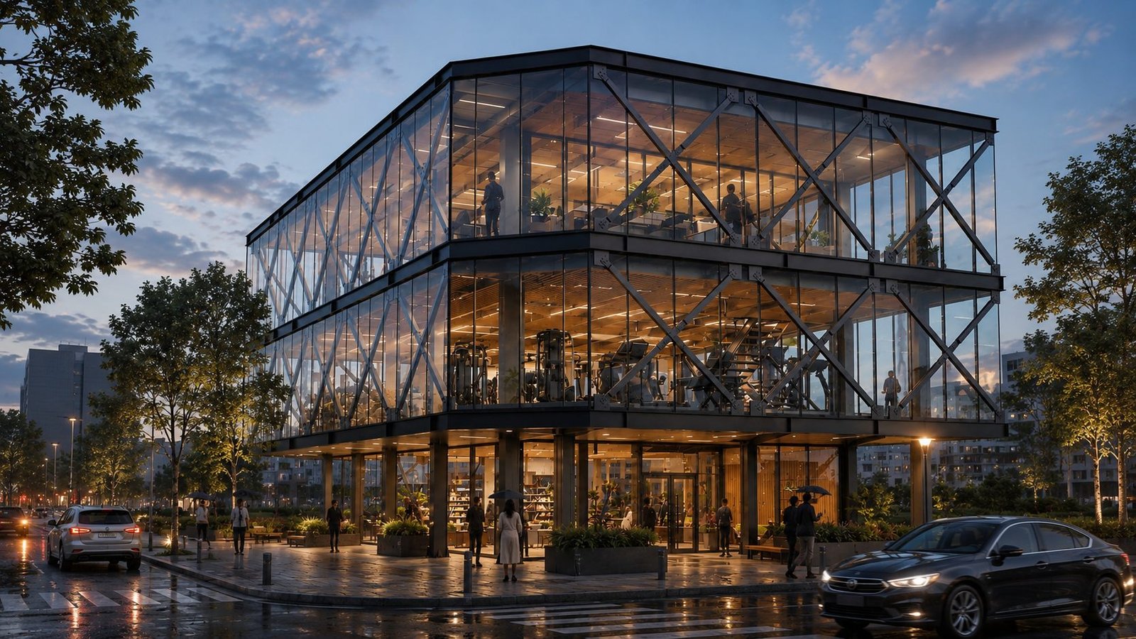 Render conceptual de edificio de uso mixto con estructura de acero a la vista — DG Ingeniería