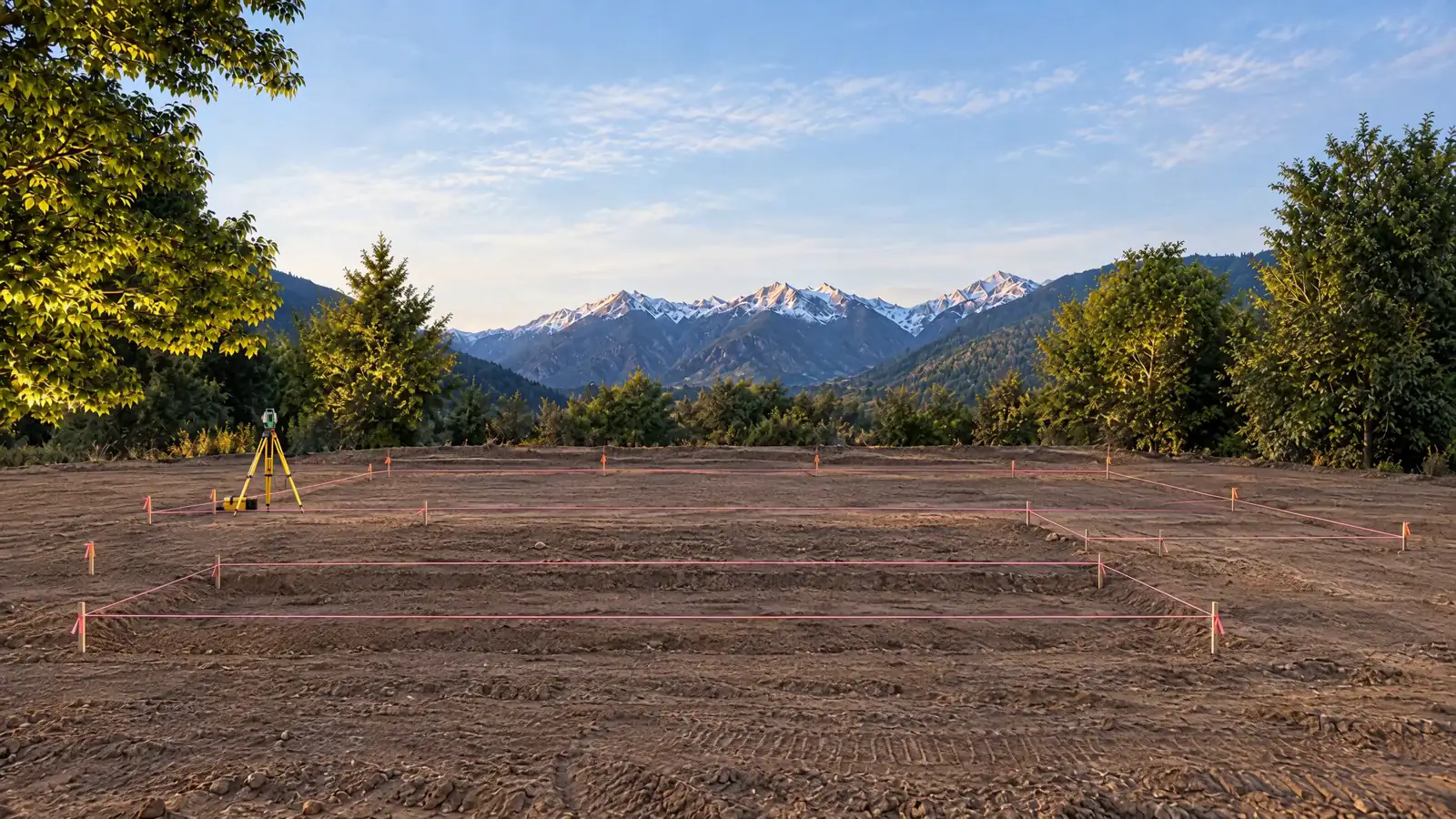 Terreno preparado para iniciar la obra, con la cordillera al fondo — visualización del proceso constructivo de DG Ingeniería